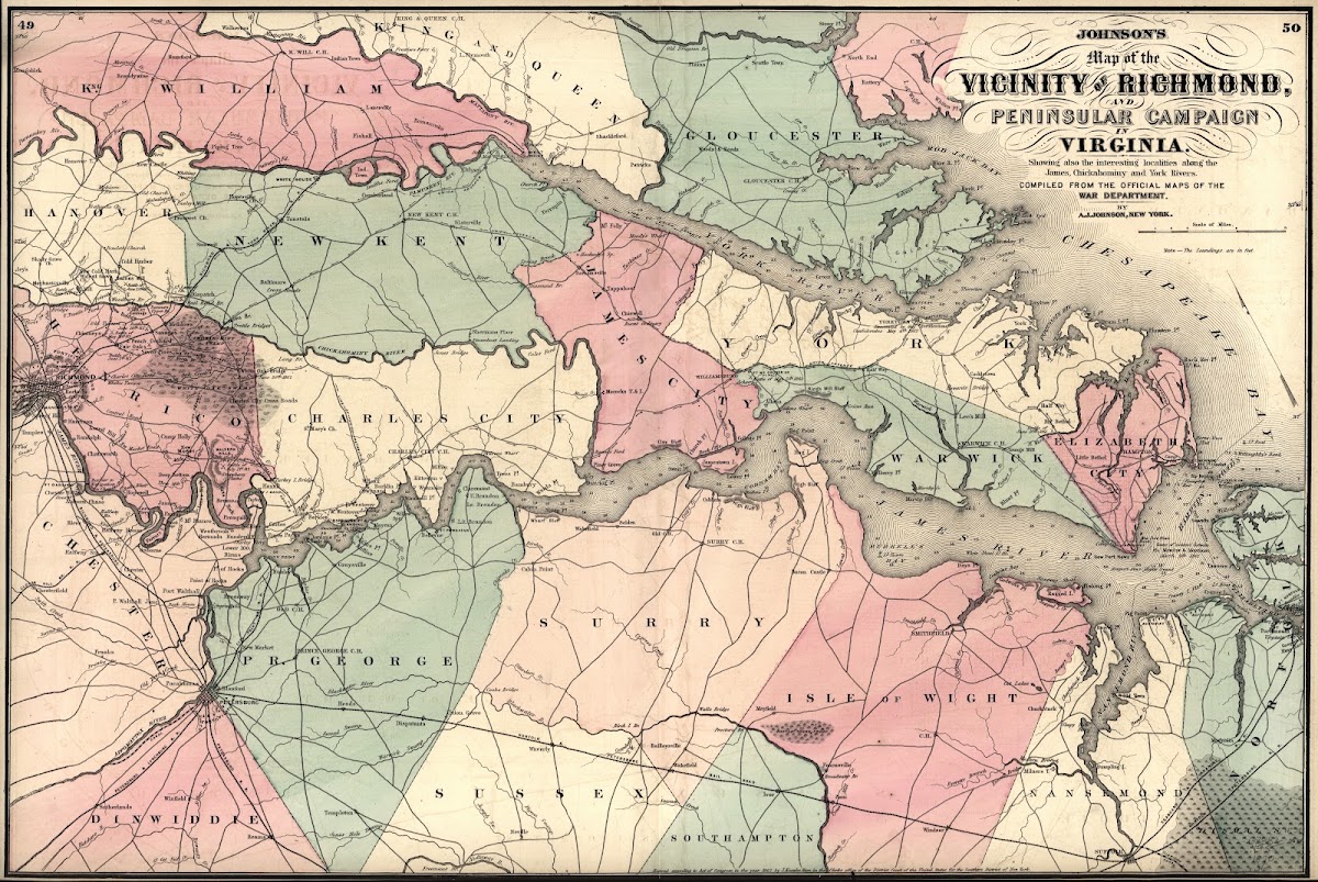 Johnsons map of the vicinity of Richmond and Peninsular Campaign in Virginia 187