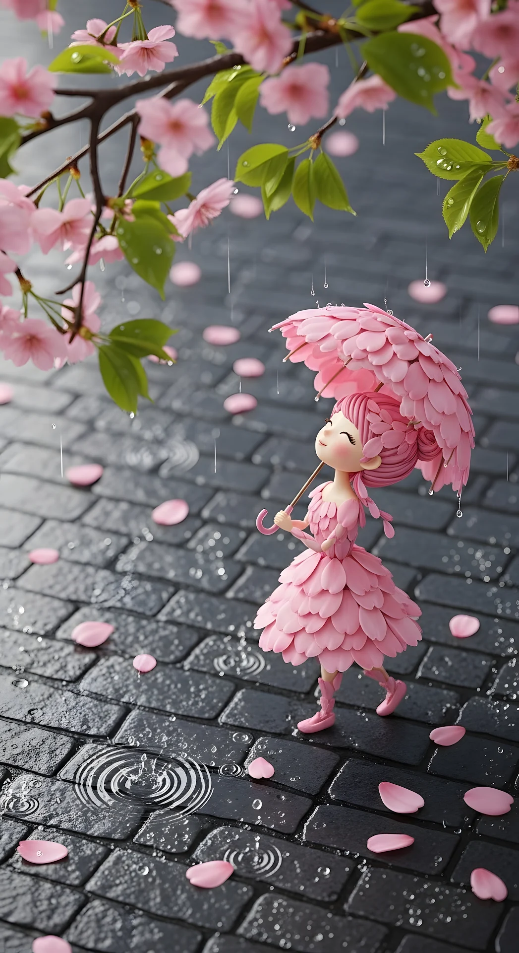 Pink Petal Dress Girl with Umbrella Under Cherry Blossoms - Free 4K mobile Wallpaper