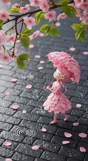 Pink Petal Dress Girl with Umbrella Under Cherry Blossoms