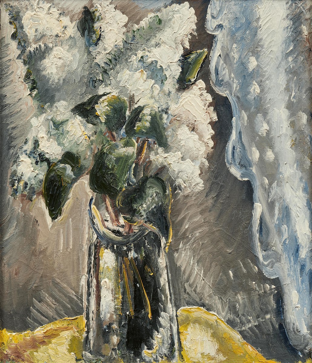 Weißer Flieder in einer Glasvase 1935