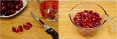 Dùng dụng cụ cắt cherry thành các miếng nhỏ. Hoặc dùng dao cắt cherry thành những miếng nhỏ và bỏ hạt.