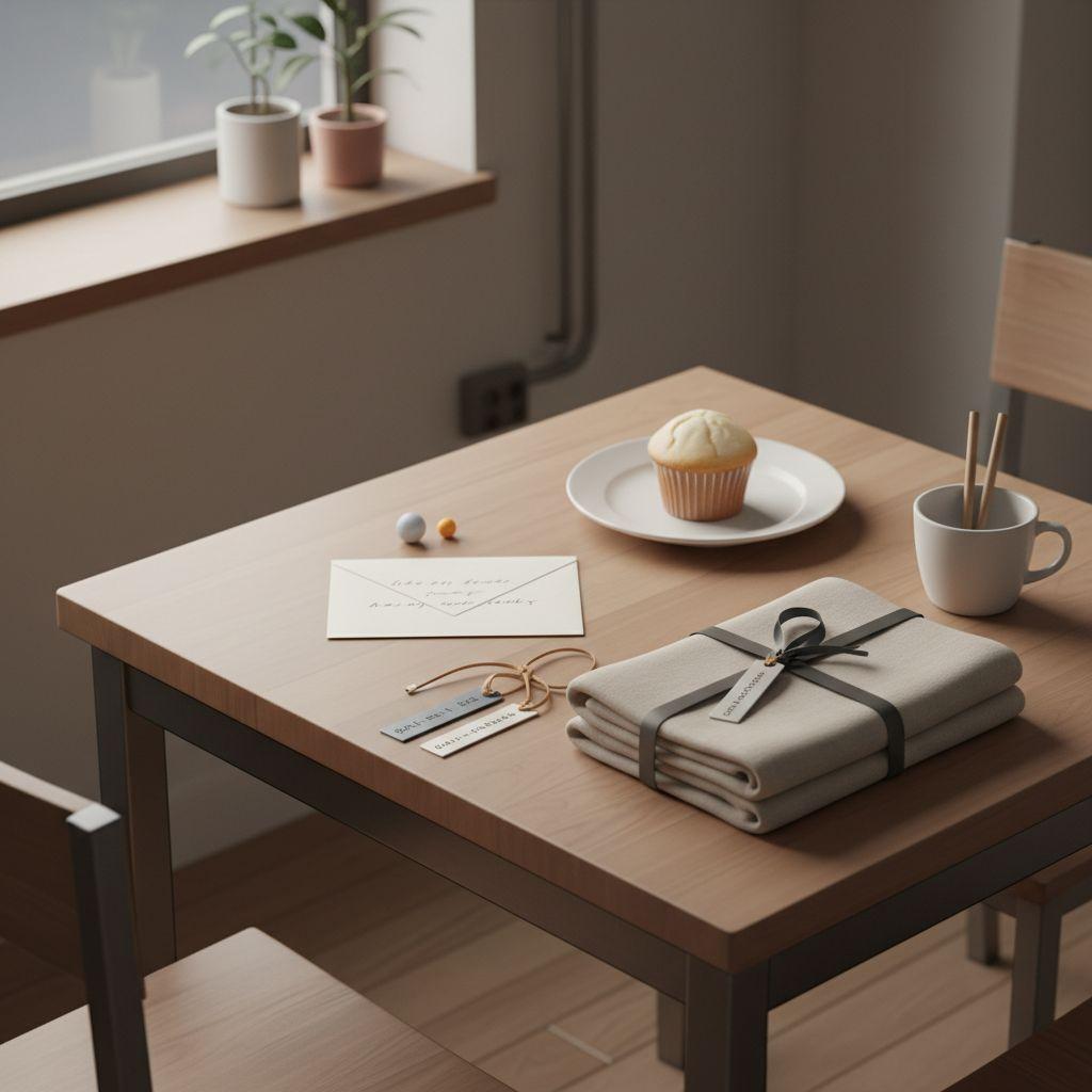 Nahaufnahme eines minimalistischen Geschenktisches mit personalisierten Metallanhängern, geschlossener handgeschriebener Karte und weicher Decke – geschenke für senioren