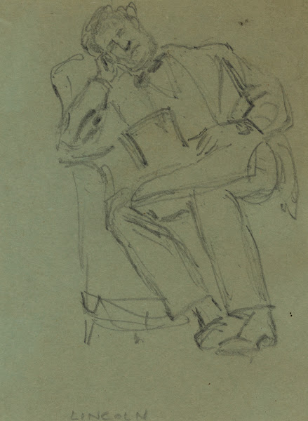 Lincoln resting in chair top hat in lap 1860 1865