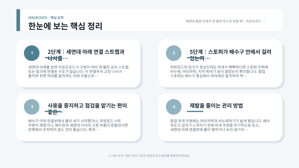 세면대 팝업 마개의 리프트로드 피벗로드 클립 연결 상태를 순서대로 확인하는 점검 흐름