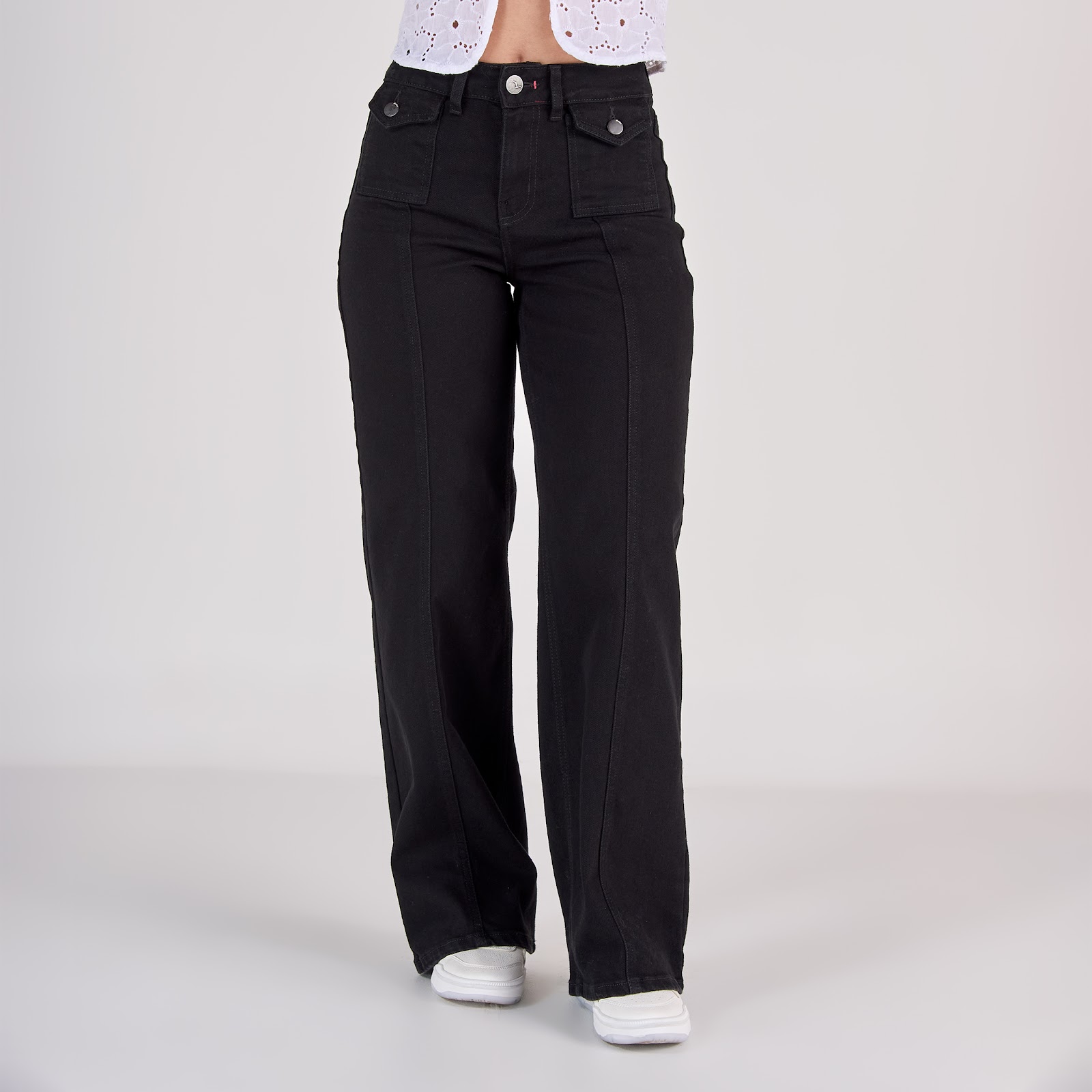 Jean dama wide leg tiro medio licrado, color Negro - Vista 7