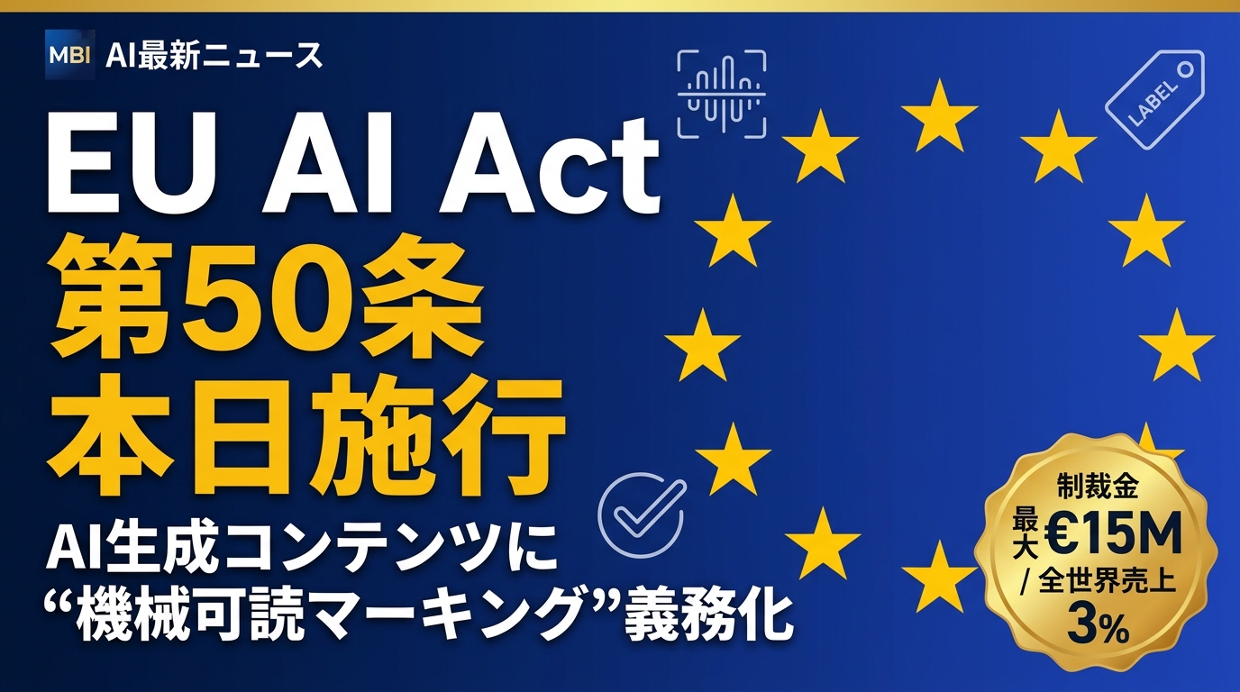 EU AI Act 第50条が適用開始 — AI生成コンテンツに「機械可読マーキング」義務化、違反は最大€15M／全世界売上3%