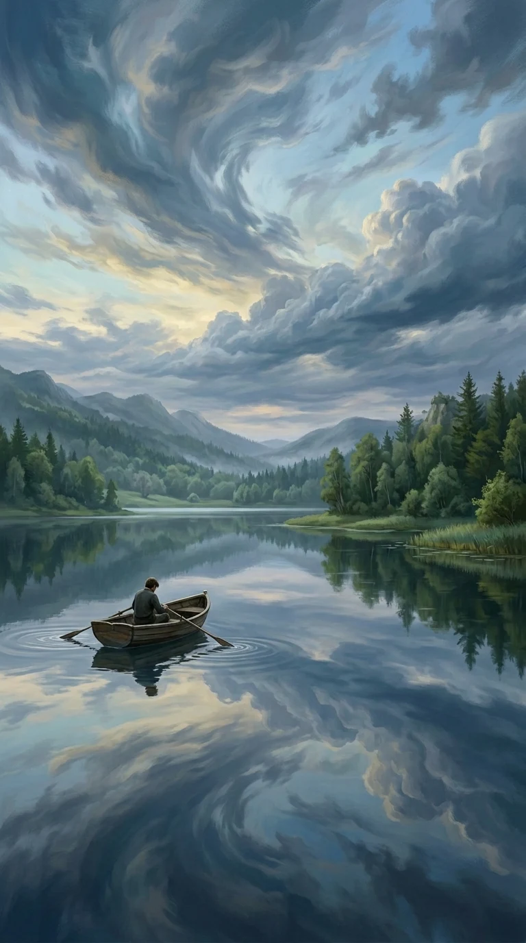 Tranquil Lakeside Scene with Rowboat and Swirling Dramatic Sky - Free 4K mobile Wallpaper