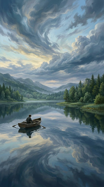 Tranquil Lakeside Scene with Rowboat and Swirling Dramatic Sky - Free mobile Wallpaper