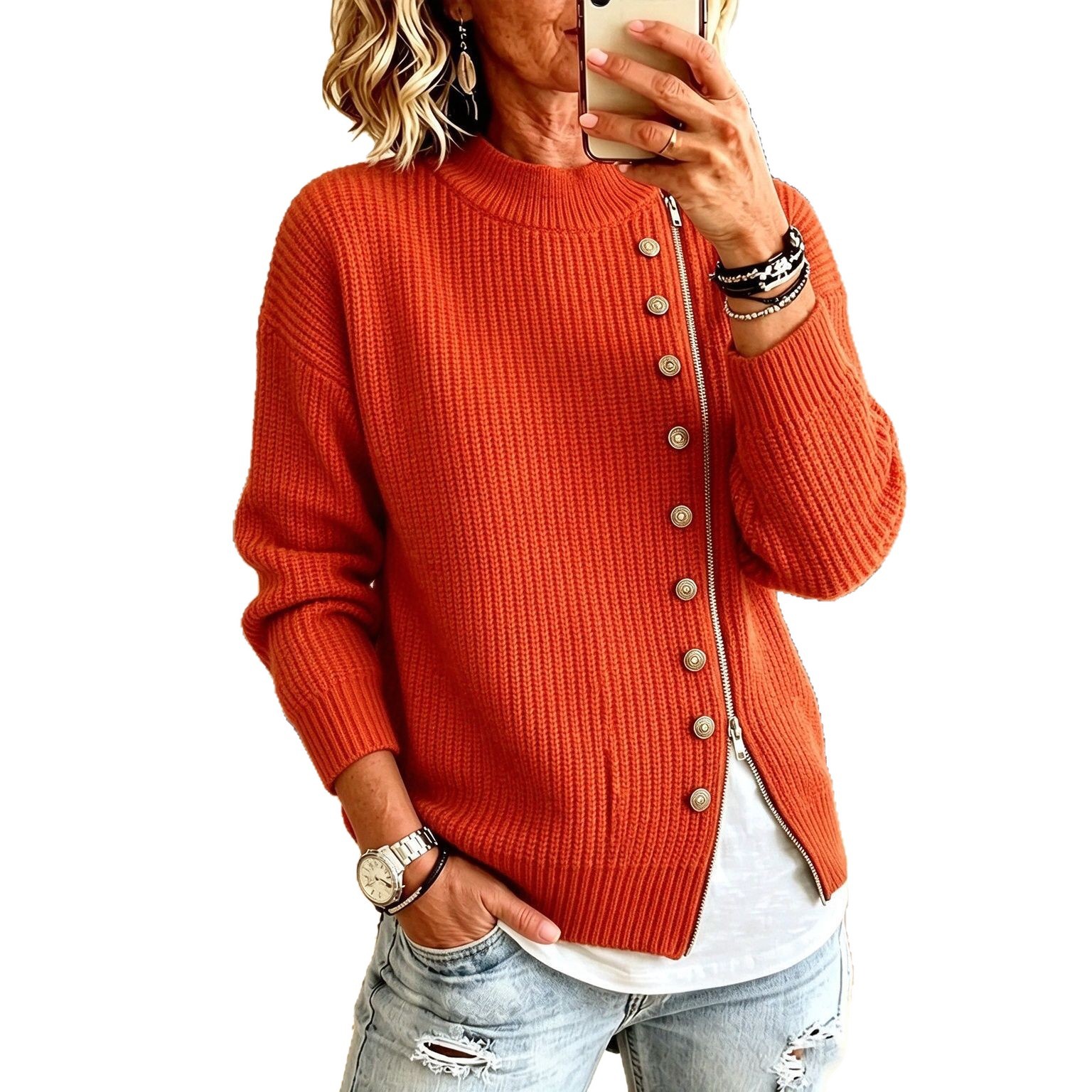 Women's knitted sweater with asymmetrical zipper