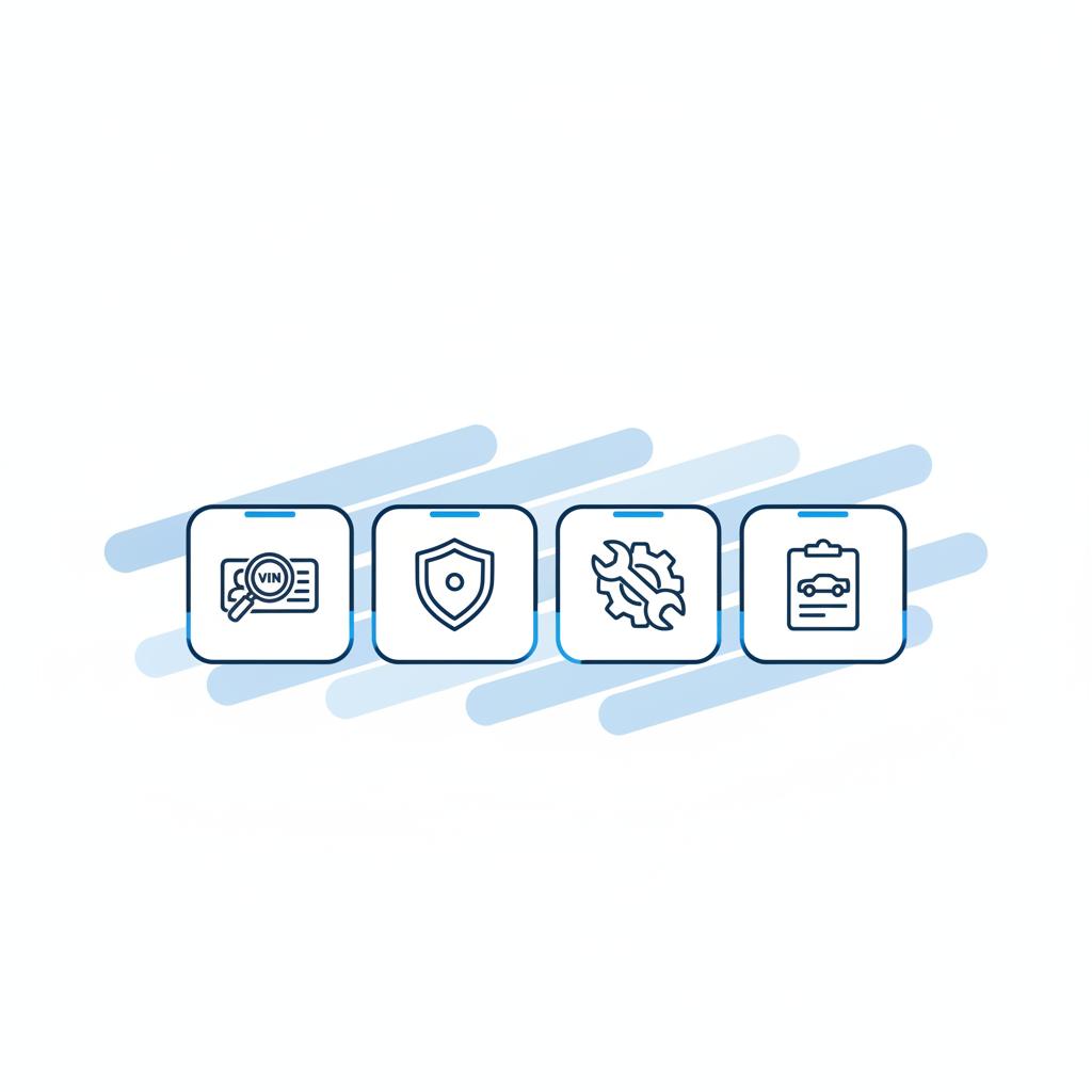 Minimalist 2D vector checklist with four automotive icons and layered generation ribbons suggesting C4 to C8 corvettes for sale near me