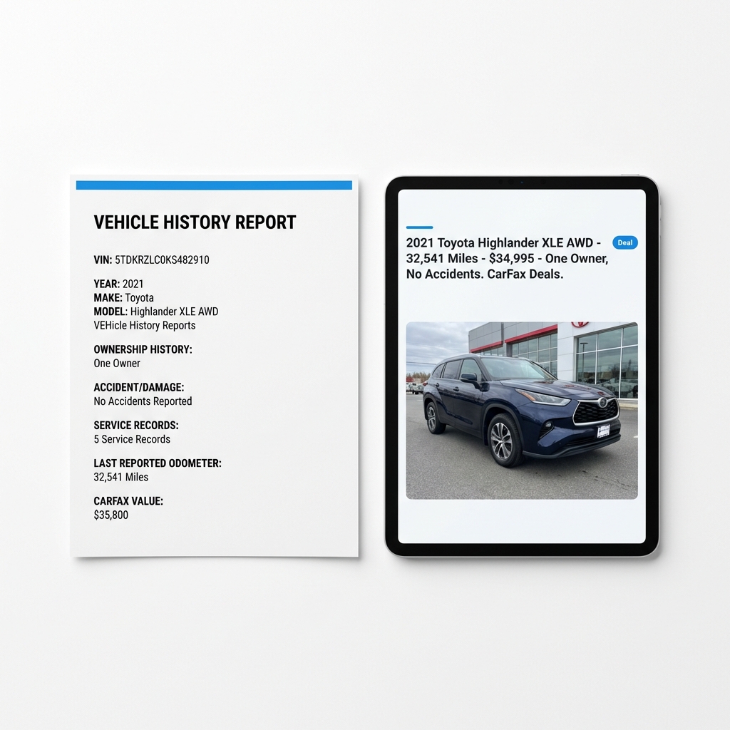 Close view of vehicle history report printout beside tablet displaying a three row suv used cars for sale listing on white background clean minimalist layout