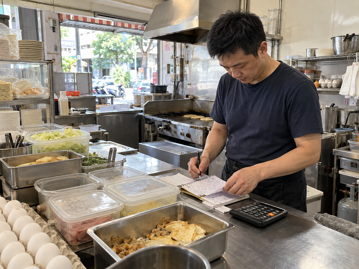 早餐店老闆盤點食材並記錄銷售與庫存
