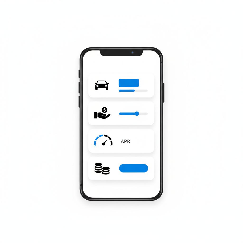 Minimalist vector phone loan calculator with car icon down payment slider APR gauge and monthly payment illustration for buy here pay here auto near me