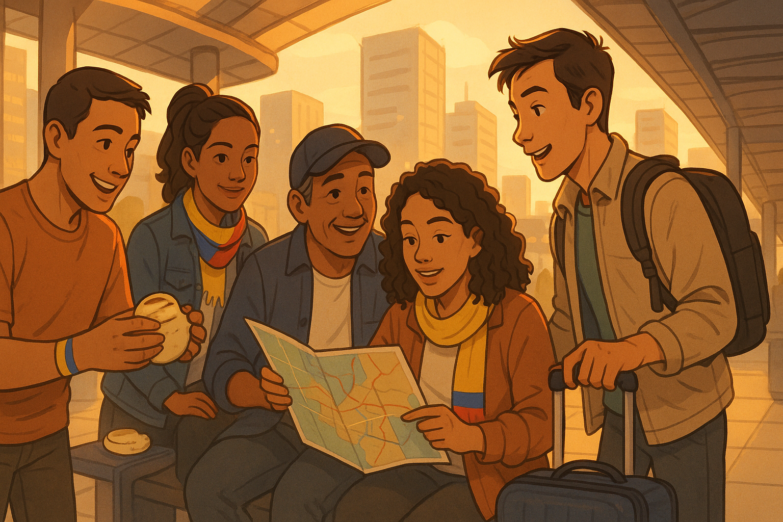 Venezolanos ayudándose en una estación urbana, con gestos de bienvenida y maletas.