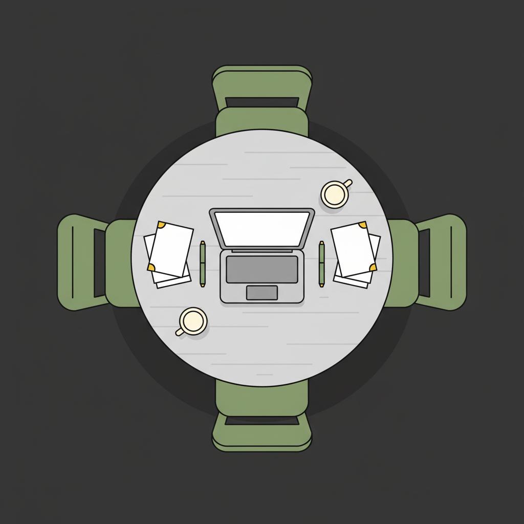 Minimalist 2D vector top down kitchen table with laptop papers two coffee mugs and pens implying a partnership review how to buy airbnb property with no money