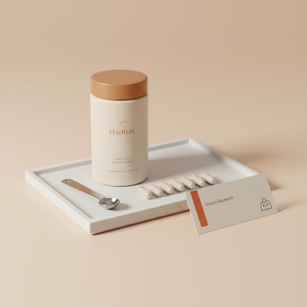 Tonum Motus container on white ceramic tray with measured capsules and accent card on soft beige background, research-forward scene — do weight loss pills just suppress appetite