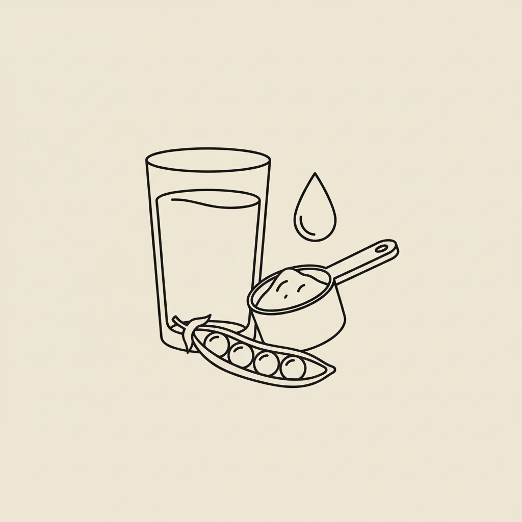 Minimal Tonum-style line illustration of a water glass, protein scoop, pea pod and milk droplet on a beige background — what is the healthiest protein shake to buy?