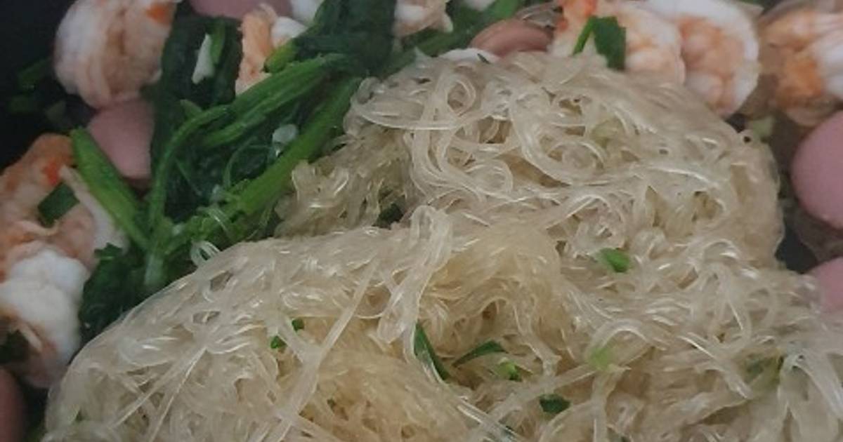 Miến xào tôm thịt cải bó xôi