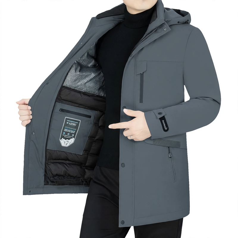 Men's down coat, mid-length, with removable inner lining