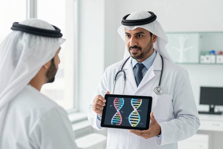 طبيب استشاري يشرح لمريض مفهوم الوراثة والتاريخ العائلي باستخدام شاشة تفاعلية