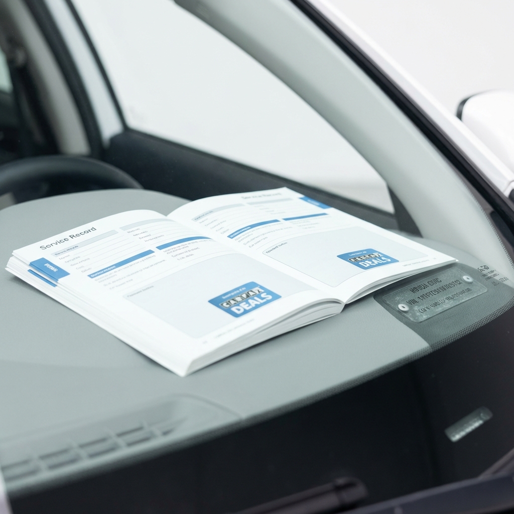 Close up of a clean service record booklet and VIN plate on a Honda Civic dashboard showing vehicle identification for used honda civic for sale