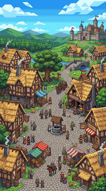 Bustling Medieval Village Scene in Detailed Pixel Art Style - Free mobile Wallpaper