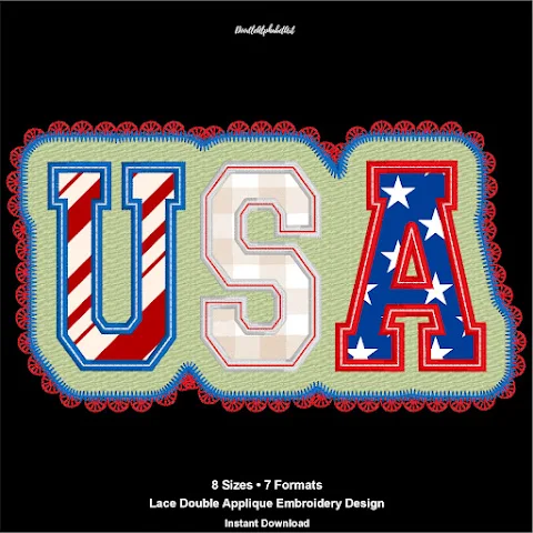 USA Double Applique Lace Embroidery Design machine embroidery font preview