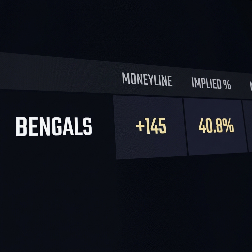 Close up of a minimalist digital betting board showing bengals odds moneyline and implied percentage on a Funded Plays dark themed interface