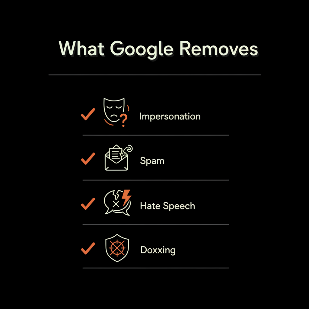 Full-frame minimalist infographic 'What Google Removes' with vector icons for impersonation, spam, hate speech, doxxing on black background — pay to remove Google reviews