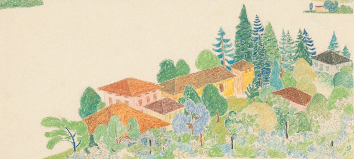 Gezicht op Italiaanse huizen in bergachtig landschap 1936