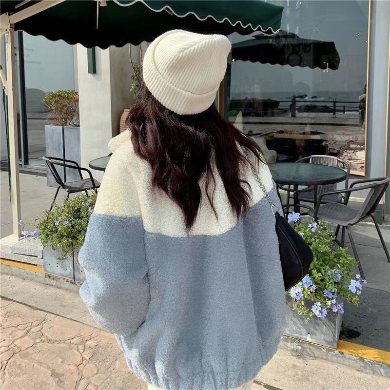 Lammfleece-Jacke für Damen, lockerer Schnitt, Patchwork-Design