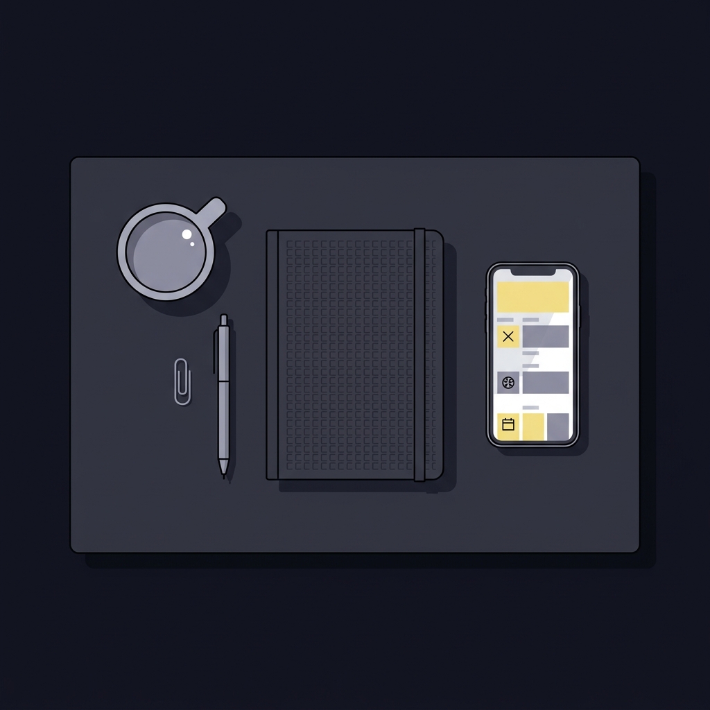 Minimal 2D vector top down workspace with a blank notebook, phone with schematic schedule blocks, and a coffee cup illustrating How to Choose the Right FundedPlays Challenge