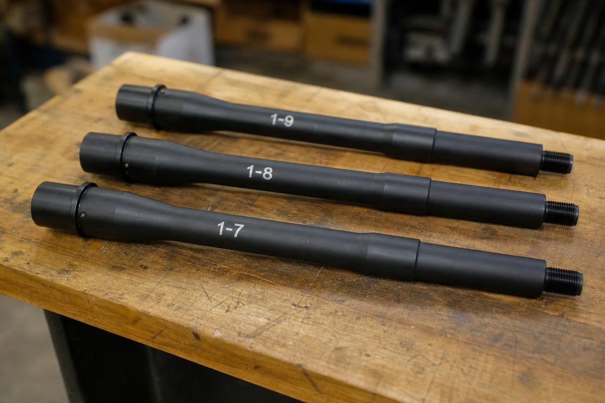 AR-15 barrel twist rate chart comparing 1:7, 1:8, and 1:9