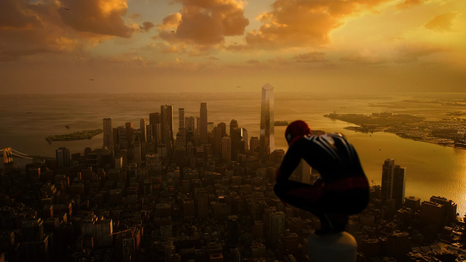 Spider-Man Crouching At Golden Sunset - Cinematic Digital Art 4K Wallpaper (3840x2160)