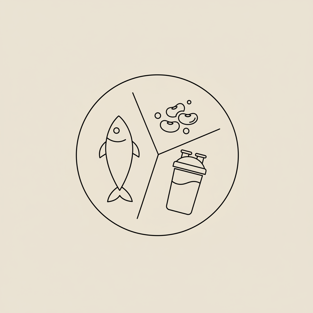 Minimalist Tonum-style line illustration of a segmented plate with fish, legumes, and a protein shaker for an article about what protein burns the most fat