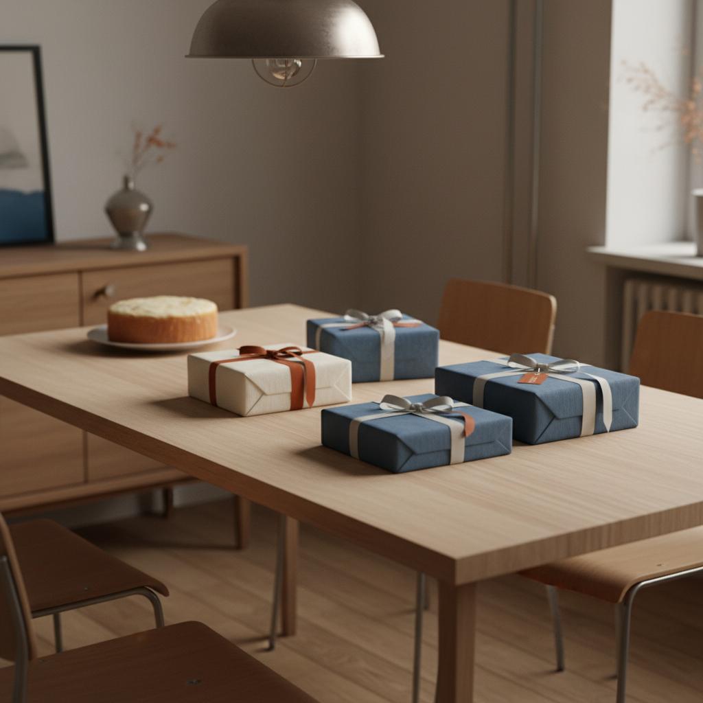 Was gehört in ein Wohlfühlpaket? Esstisch mit liebevoll verpackten Geschenken und Vanillekuchen im Hintergrund, warme Lichtstimmung, leichter Industriecharme mit Metall und Holz.