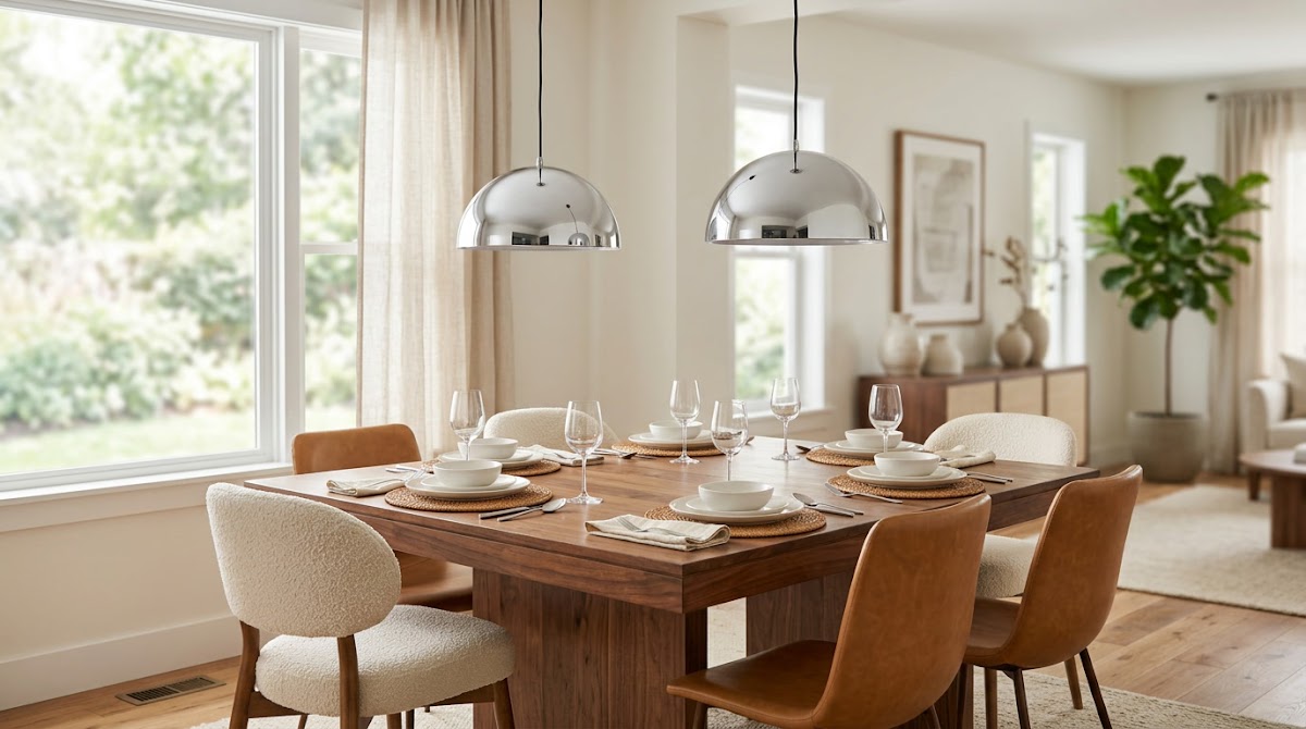 How to Pair Chrome Pendant Lights With a Warm Wood Dining Table - sculptural chrome lamp with warm wood bookshelf and chair