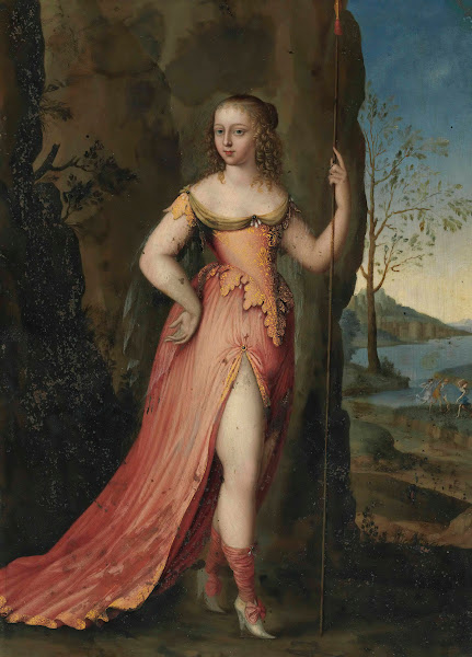 Portrait of a lady full length as Diana in a rocky landscape