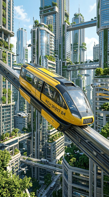 Futuristic Yellow Monorail Train in Sci-Fi City - Free mobile Wallpaper