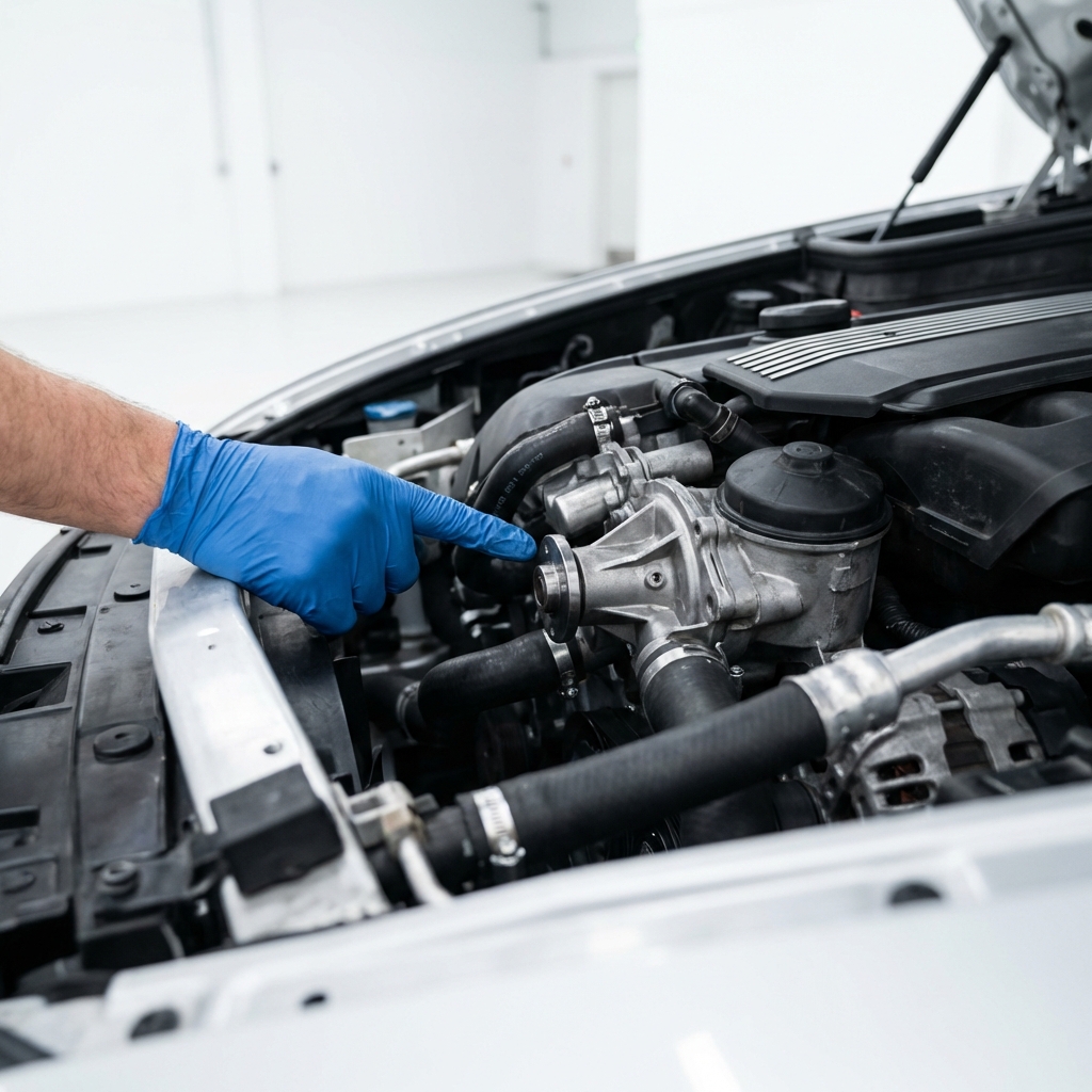 Close up of BMW X5 engine cooling system showing coolant hoses and water pump with mechanic pointing at the part bmw x5 for sale