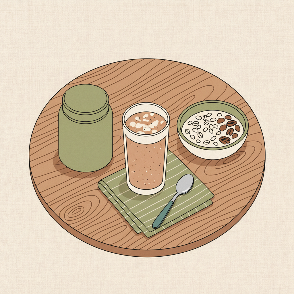 Minimalistische Nahaufnahme eines 2D‑Vektor‑Shake‑Setups auf Holztisch mit pflanzlichem Shake, neutralem Pulverbehälter, Schale Haferflocken und Nüssen – Welche Übung ist am effektivsten für den Bauchmuskel