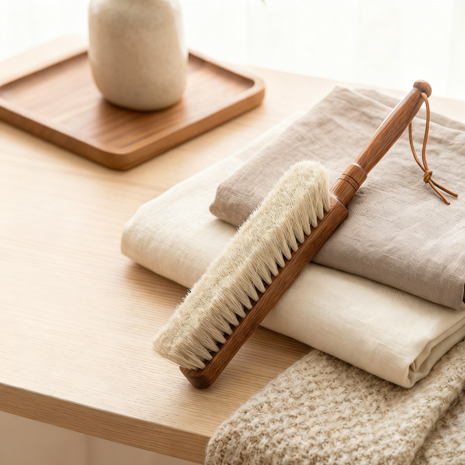 Bed brush with horse hair and long handle