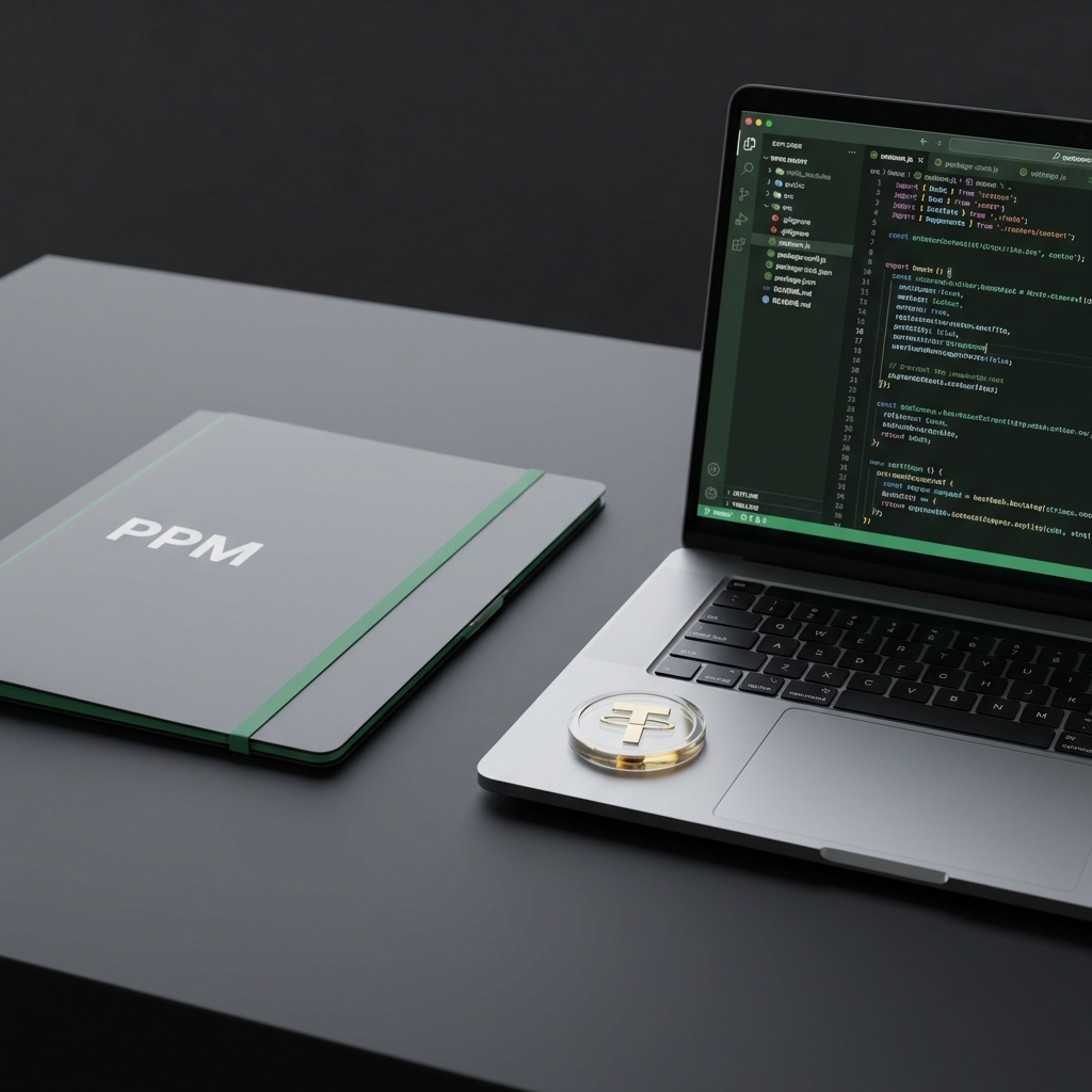 Close up of a PPM document folder next to a laptop showing code and a crypto token representing legal and technical review for a crypto hedge fund