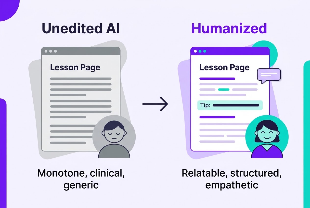 Comparison of monotone unedited AI course text and humanized, engaging text