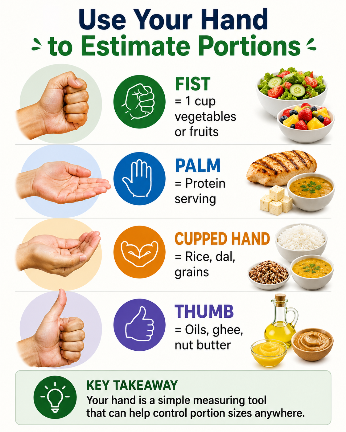 Infographic showing how to estimate food portions using hand sizes, including a fist for fruits and vegetables, a palm for protein, a cupped hand for grains, and a thumb for oils and nut butter.