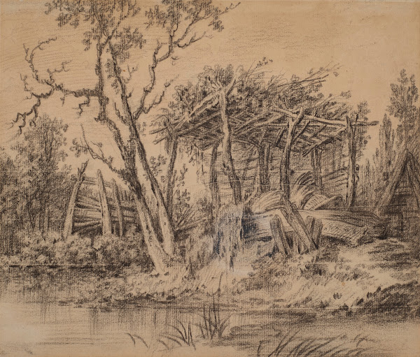A wooden shelter in picturesque decay by a river
