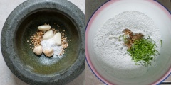 Cho muối, tỏi, gừng, hạt thì là vào cối giã nhuyễn rồi cho vào bột gạo cùng với lá chanh cắt vụn. Cho nước cốt dừa và đậu phộng vào tô bột. Trộn đều, sau đó thêm nước dần dần vào.