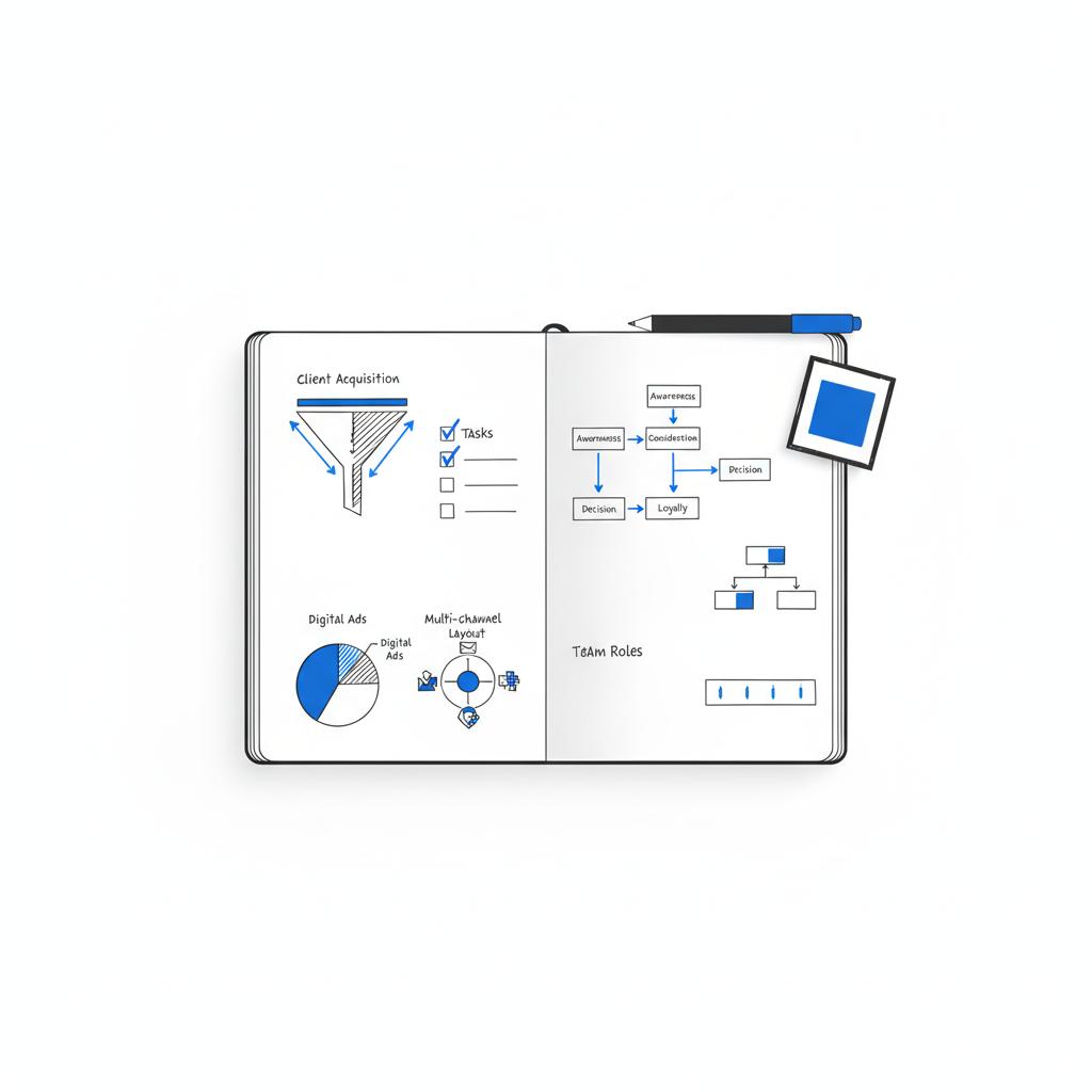 Vector notebook sketch of funnels, checklists, and channel layouts showing strategy for how to advertise a CPA firm, clean desktop scene in Agency Visible brand colors.