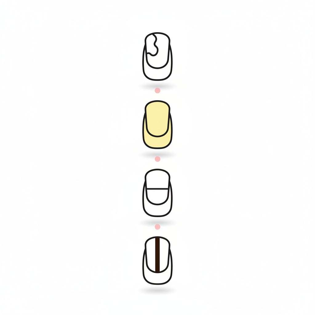 Vektor-Infografik mit vier minimalistischen Nagel-Icons (weißer Fleck, gelber Nagel, Beau-Linie, dunkler Streifen) zur Illustration von Nagelveränderungen Ursachen