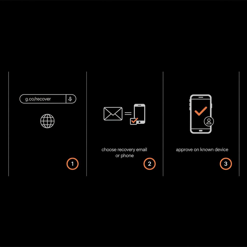 Minimal three-panel vector infographic showing google password recovery steps: visit g.co/recover, choose recovery email or phone, then approve on a known device in brand colors.